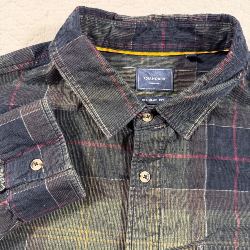 7 Diamonds Corduroy Plaid Button Down Shirt Long Sleeve Men XXL Green